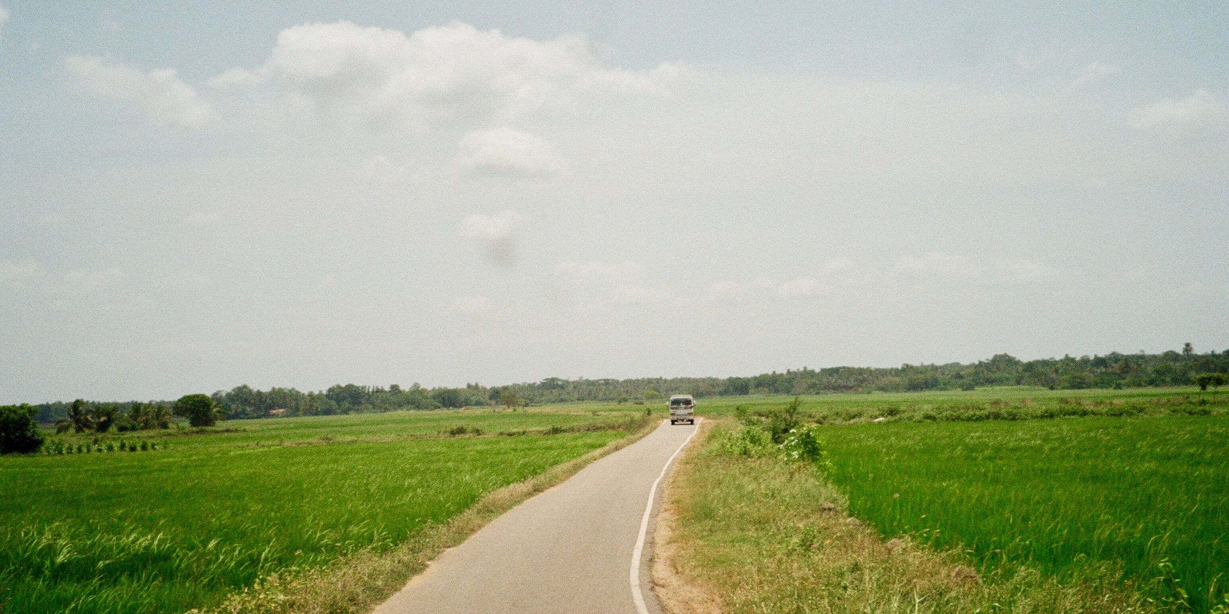 An empty rural road running between green paddy fields in Sri Lanka under a bright sky