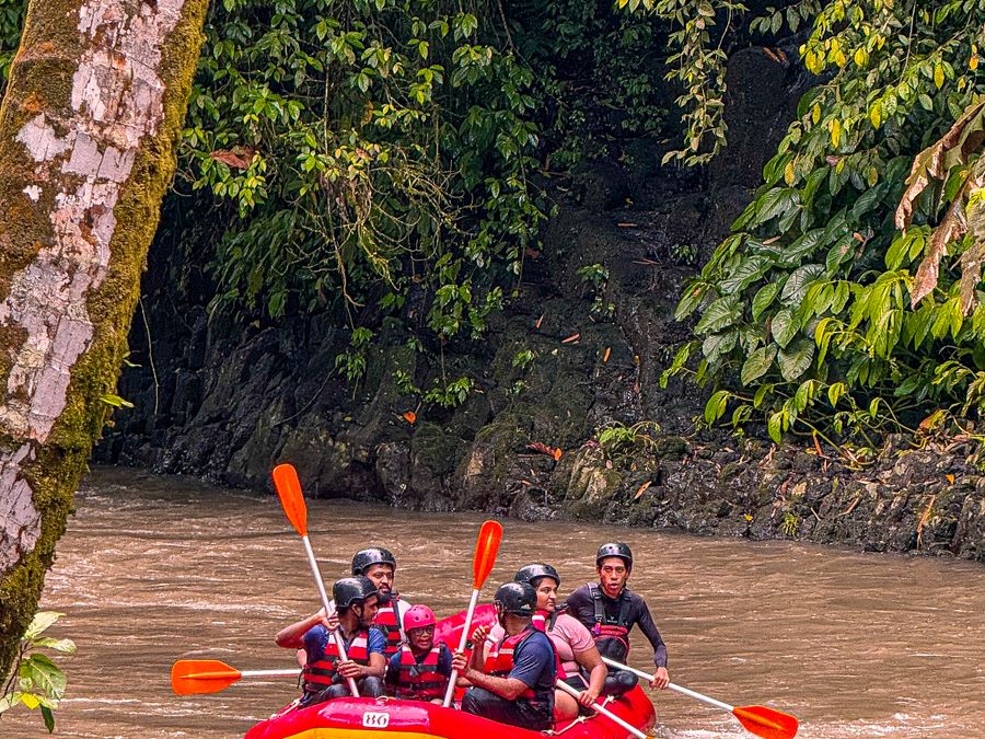 A raft crew paddling through white water on a river in dense jungle