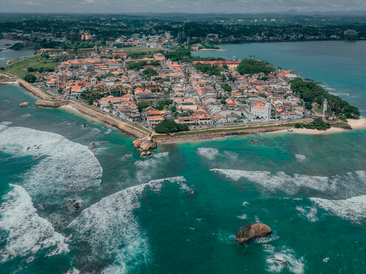 Aerial view of Galle Fort surrounded by the Indian Ocean on Sri Lanka's south coast