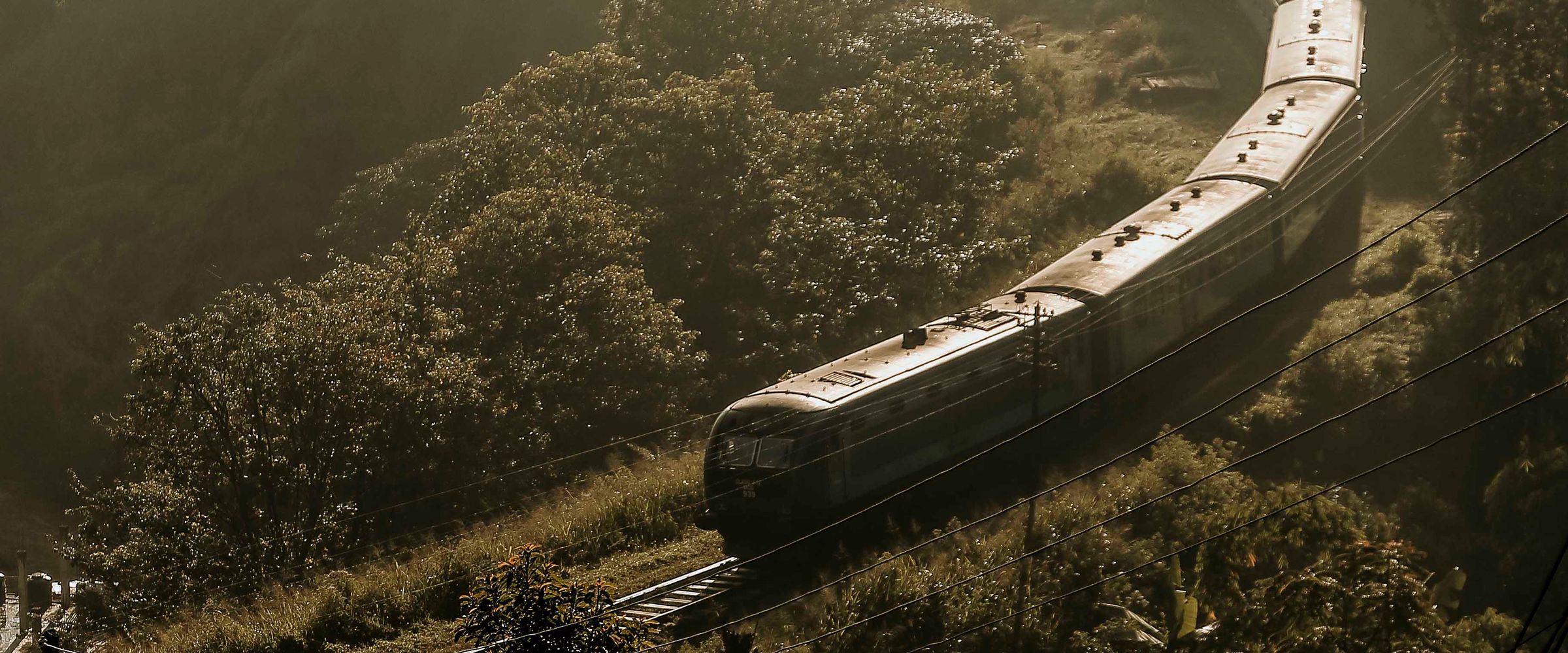 A train curving through misty tea-covered hills in the Sri Lankan highlands at golden hour.